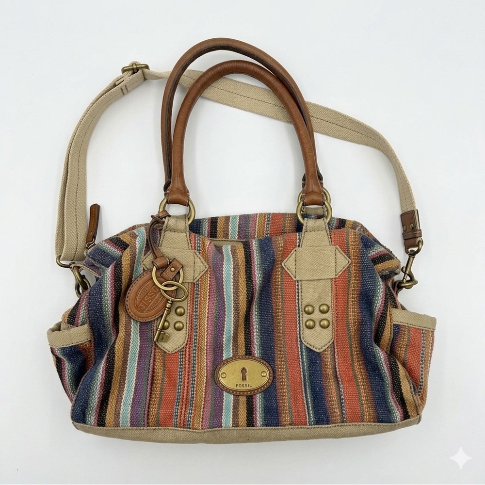 Fossil Grayson Striped Canvas Shoulder / Satchel Bag with Tan Leather Trim Y2K